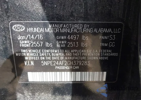 2016 Hyundai Sonata Se from USA, damaged, VIN 5NPE24AF2GH379283